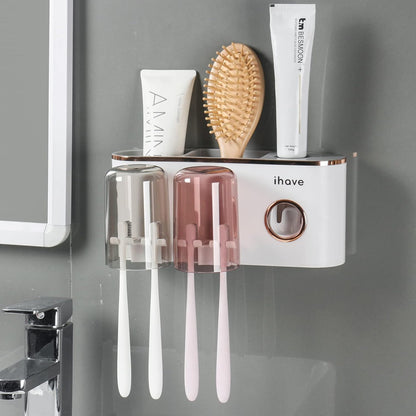2 iHave Toothbrush Holders Bathroom Decor with Toothpaste Dispenser, Cups Toothbrush Holder Wall Mounted Bathroom