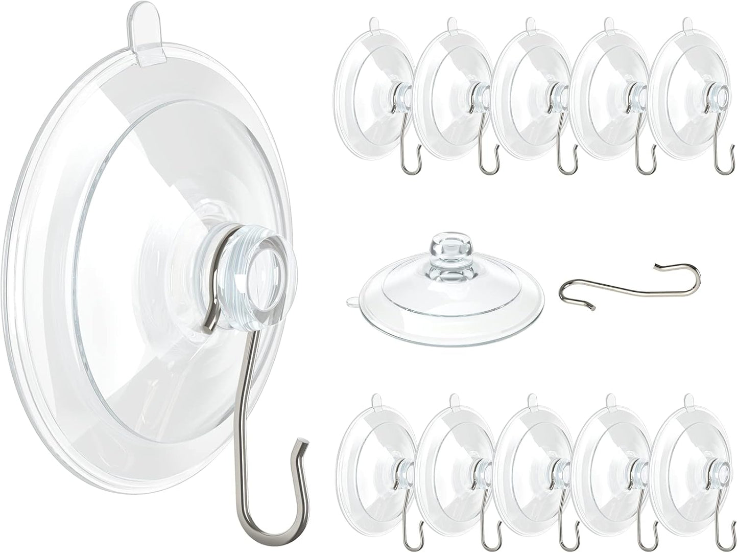 VIS'V Suction Cup Hooks - 1.77 Inch Clear Window Suction Cups with Metal Hooks | 12 Pcs, Removable & Reusable