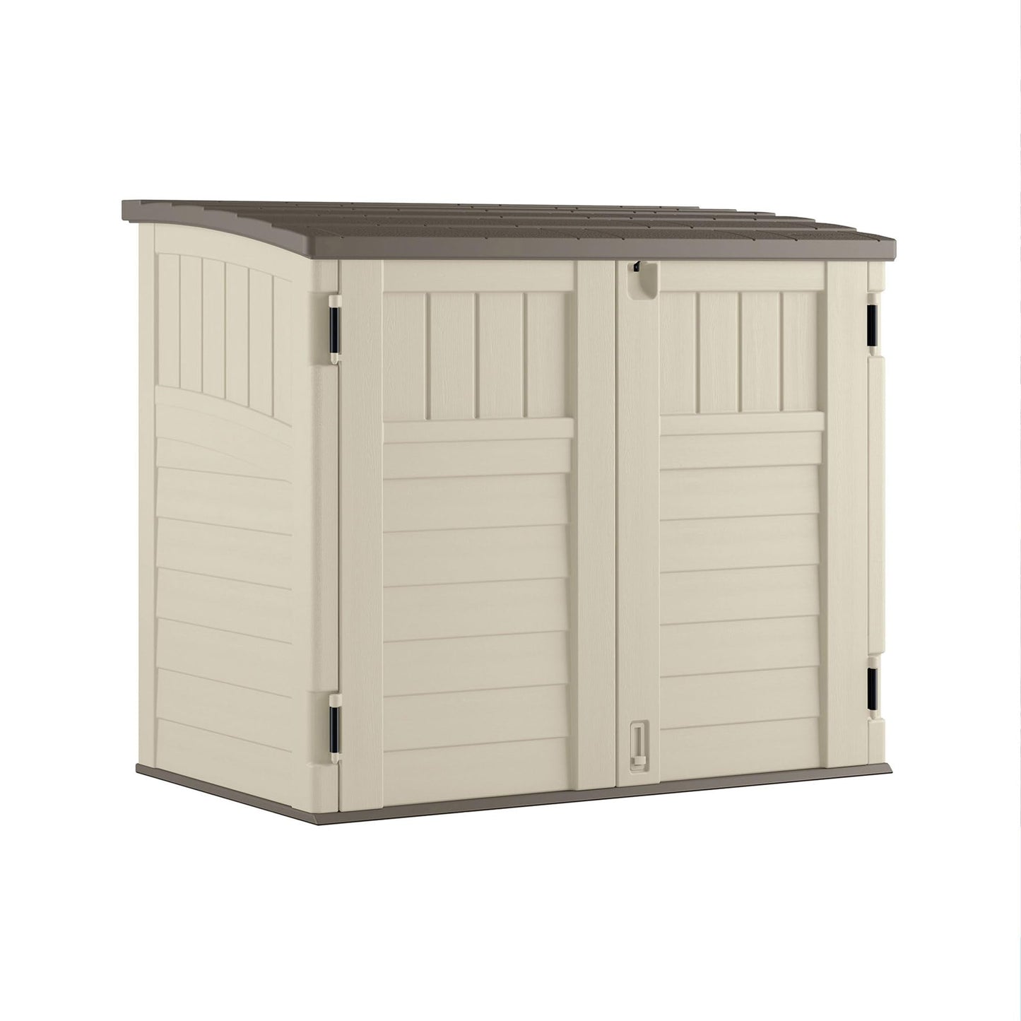 Suncast 34 Cu Ft Horizontal Resin Storage Shed - Outdoor Storage Shed with Floor Included, Lockable, Weatherproof, Fits Small to Medium Trash Cans, Generators, & Garden Tools, Vanilla Stoney