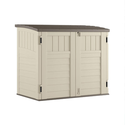 Suncast 34 Cu Ft Horizontal Resin Storage Shed - Outdoor Storage Shed with Floor Included, Lockable, Weatherproof, Fits Small to Medium Trash Cans, Generators, & Garden Tools, Vanilla Stoney