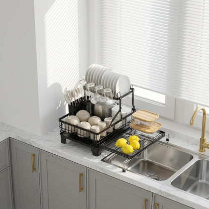 GSlife Large 2 Tier Dish Drying Rack, Expandable Heavy-Duty Dish Rack for Kitchen Counter, Rust-Resistant Dish Drainer with Utensil & Cup Holder, Auto-Drain, 16.9" W x 14.4"-22.4" L, Black