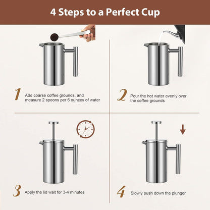 French Press Coffee Maker, 34oz Double-Wall Insulated Stainless Steel, 1L, Includes 2 Extra Screens and 1 Coffee Spoon