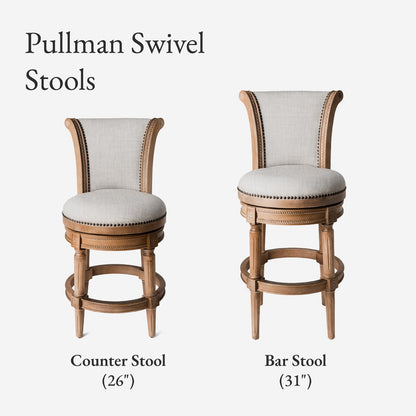 Maven Lane Pullman Bar Stool 31 Inches – Set of 2 – Swivel Stools with Footrest – Light Brown Solid Wood Frame & Natural Fabric Upholstery – Perfect for Bars, Pub Tables & Tall Kitchen Counters