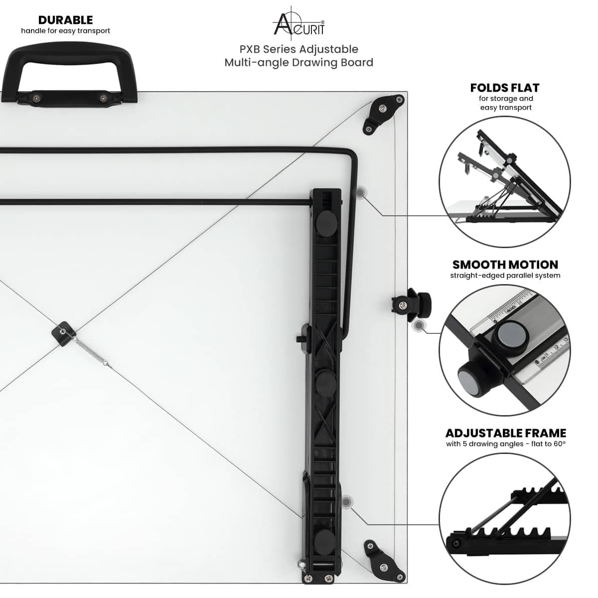 Acurit Multi-Angled 20”x26” PXB Drawing Board & Travel Bag for Artists & Drafters - Portable Tabletop Workspace, Drawing, Sketching, Painting - Laminated Surface w/Ruler & Parallel Motion Bar