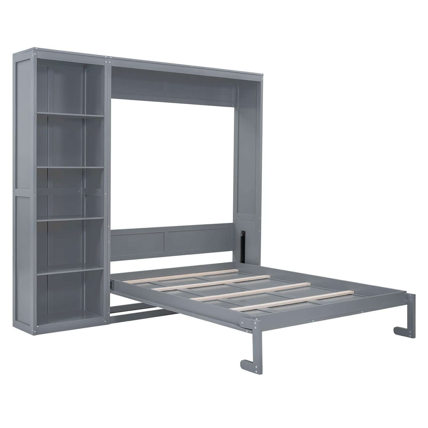 PacknWood Acosure Queen Size Murphy Five-Layer Cabinet,Bedroom Solid Wood Storage Hidden Wall Beds Frame W/Dual Piston Metal Folding Mechanism Designed,for Home Office,Study,Guest Room,Gray