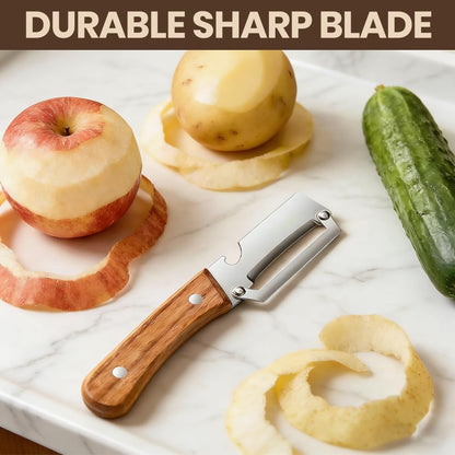 Premium Vegetable Peeler with Wooden Handle and Bottle Opener,Multi-Functional Vegetable Peeler for Kitchen, 2-In-1 Stainless Steel Kitchen Tool, for Fruit Veggie, Includes Bottle Opener (2PCS)