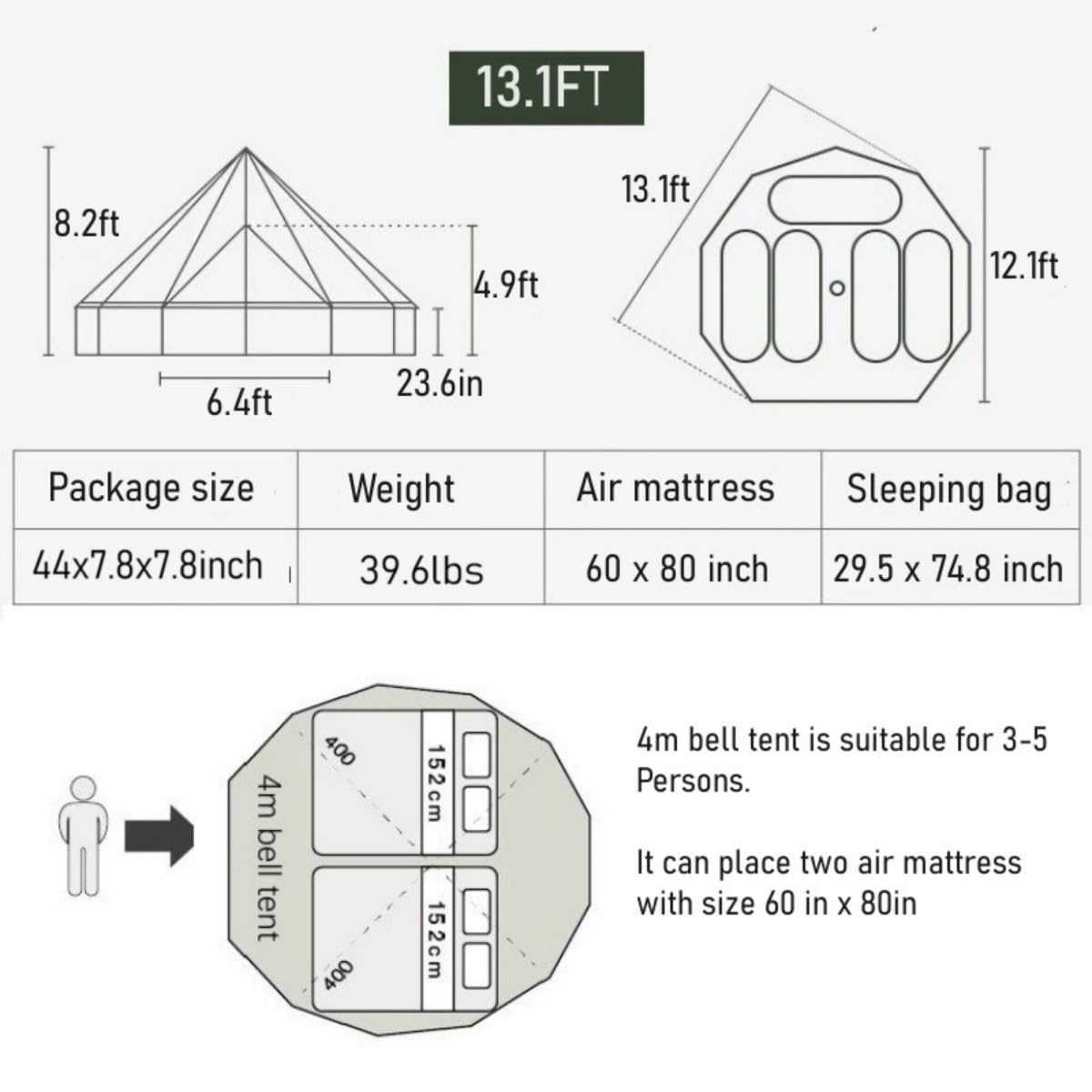 Outdoor Camping 13ft/16.4ft Oxford Bell Tent with Sewn-in Groundsheet for 4-8 Persons, Large Glamping 4M/5M Yurt Tent with Stove Jack for Winter Camping (13FT(4 Meter Bell Tent))