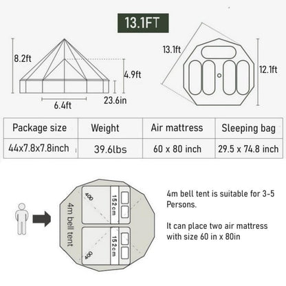 Outdoor Camping 13ft/16.4ft Oxford Bell Tent with Sewn-in Groundsheet for 4-8 Persons, Large Glamping 4M/5M Yurt Tent with Stove Jack for Winter Camping (13FT(4 Meter Bell Tent))