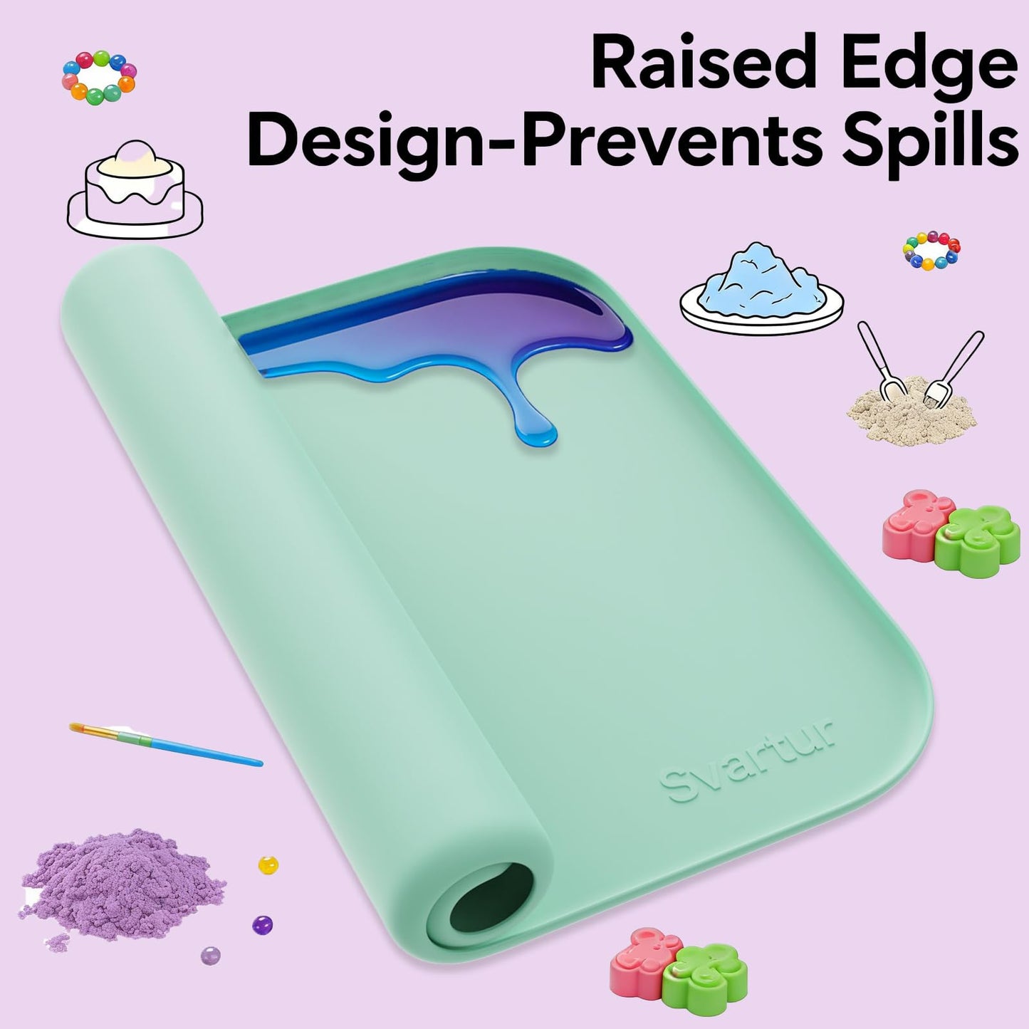 Silicone Craft Mat 24" x 16" with Raised Edge, Roll-Up Design with Storage Strap, Multi-Purpose Desk & Table Protector Silicone Art Mat for Crafts, Painting & DIY, Light Green