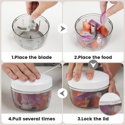 Manual Food Processor & Vegetable Chopper White - 2.3 Cup Mini Hand-Pull Cord Kitchen Chopper for Onion, Garlic, Vegetables with 3 Stainless Steel Blades