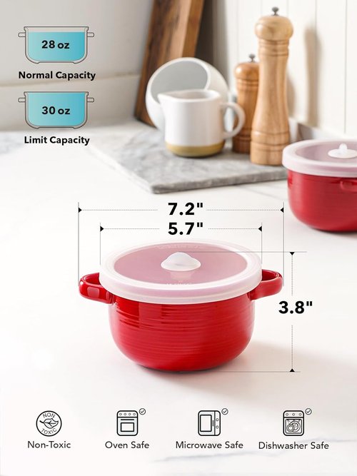 LE TAUCI Ceramic Soup Bowls - 28 oz Ramen Bowls with Handles & Silicone Lids | Microwavable, Oven Safe, Set of 2, Red