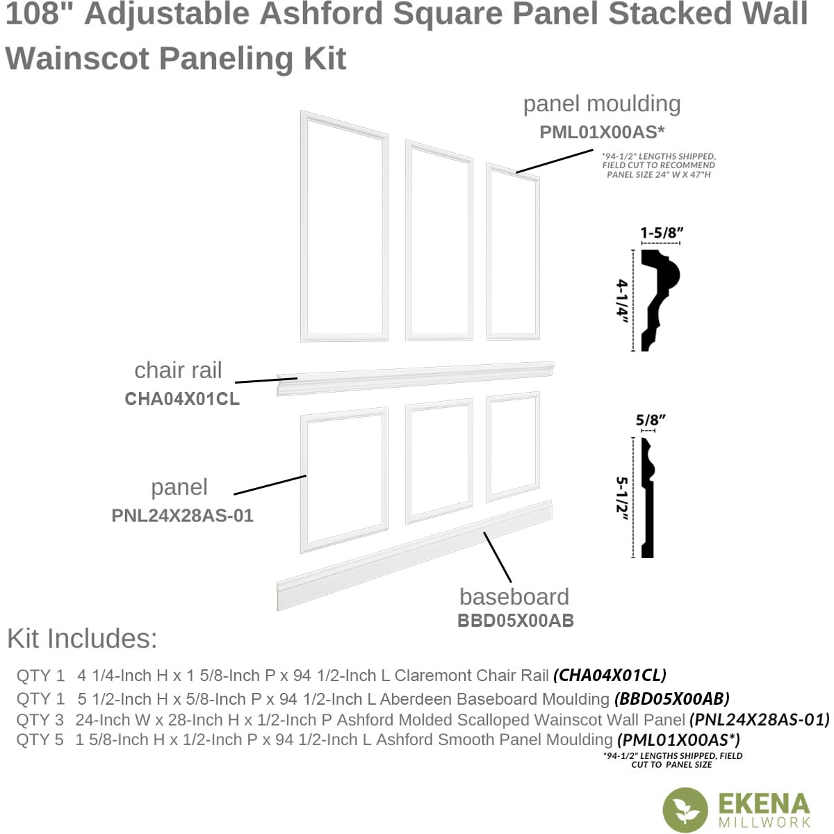 94 1/2"L (Adjustable 108"H to 132"H) Ashford Square Panel Stacked Wall Wainscot Paneling Kit