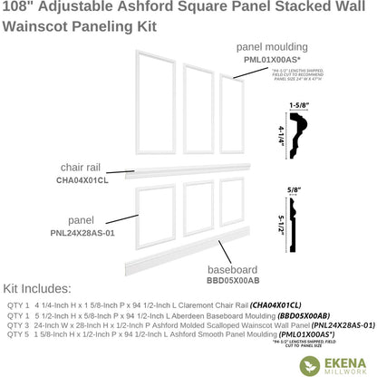 94 1/2"L (Adjustable 108"H to 132"H) Ashford Square Panel Stacked Wall Wainscot Paneling Kit