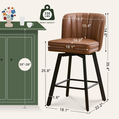 SAECKBERG Swivel Counter Height Bar Stools Set of 4, 26'' Modern Barstools with Backs and Metal Legs, Upholstered Bar Chairs, Faux Leather Dark Brown Stools for Kitchen Island Chairs