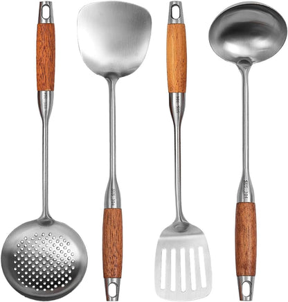 Stainless Steel Kitchen Utensil Set, 4 Pcs Cooking Cookware Set with Heat Resistant Wooden Hand