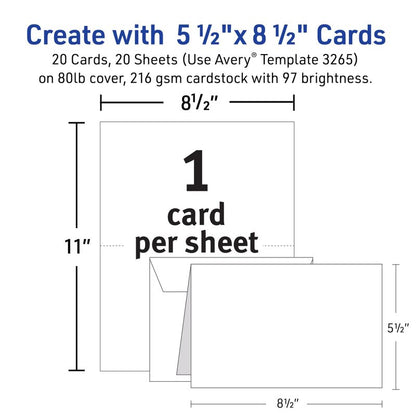 Avery Printable Half-Fold Greeting Cards, Envelopes Included, 5.5" x 8.5", Matte White, Inkjet Printer Compatible, 20 Blank Cards Total, Great for Product Branding, Marketing, and More (3265)