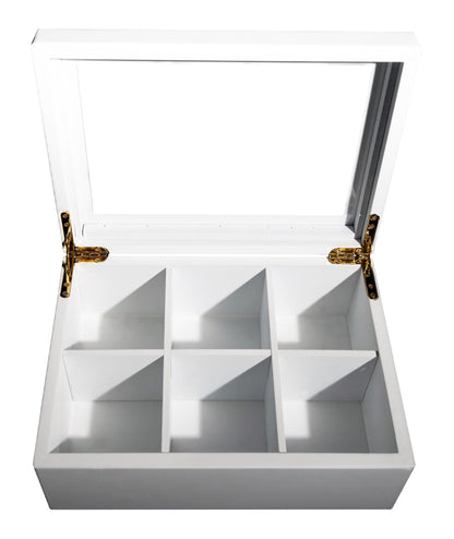 Break Tradition Wooden Tea Organizer For Tea Bags - Wooden Tea Chest With 6 Compartments - Clear Top Window - Lid Stays Open (White)
