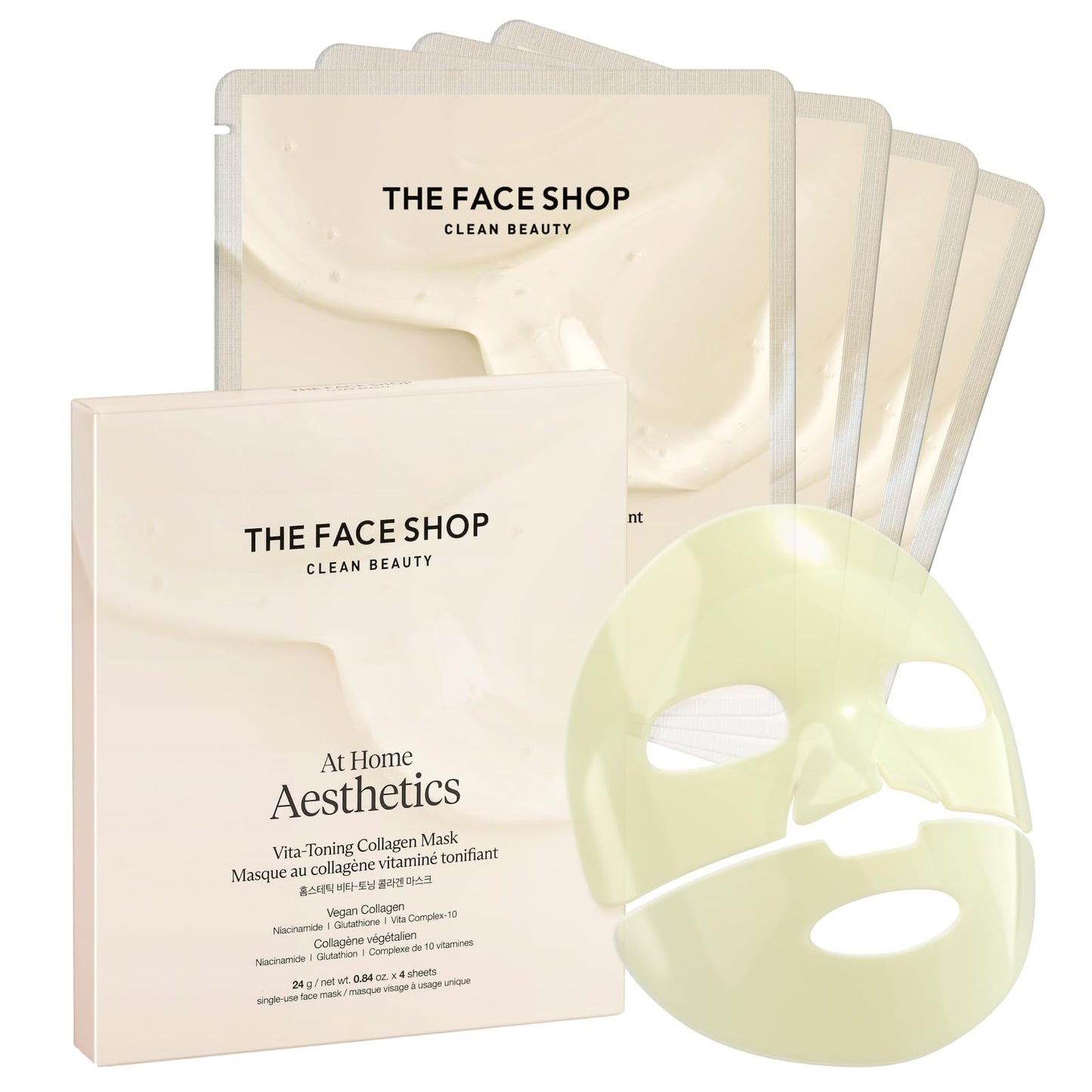 THE FACE SHOP Original Vegan Collagen Face Mask, Korean Glass Skin Essential, Peptide Hydrogel Mask for Firming & Skin Elasticity, Moisturizing, 4EA