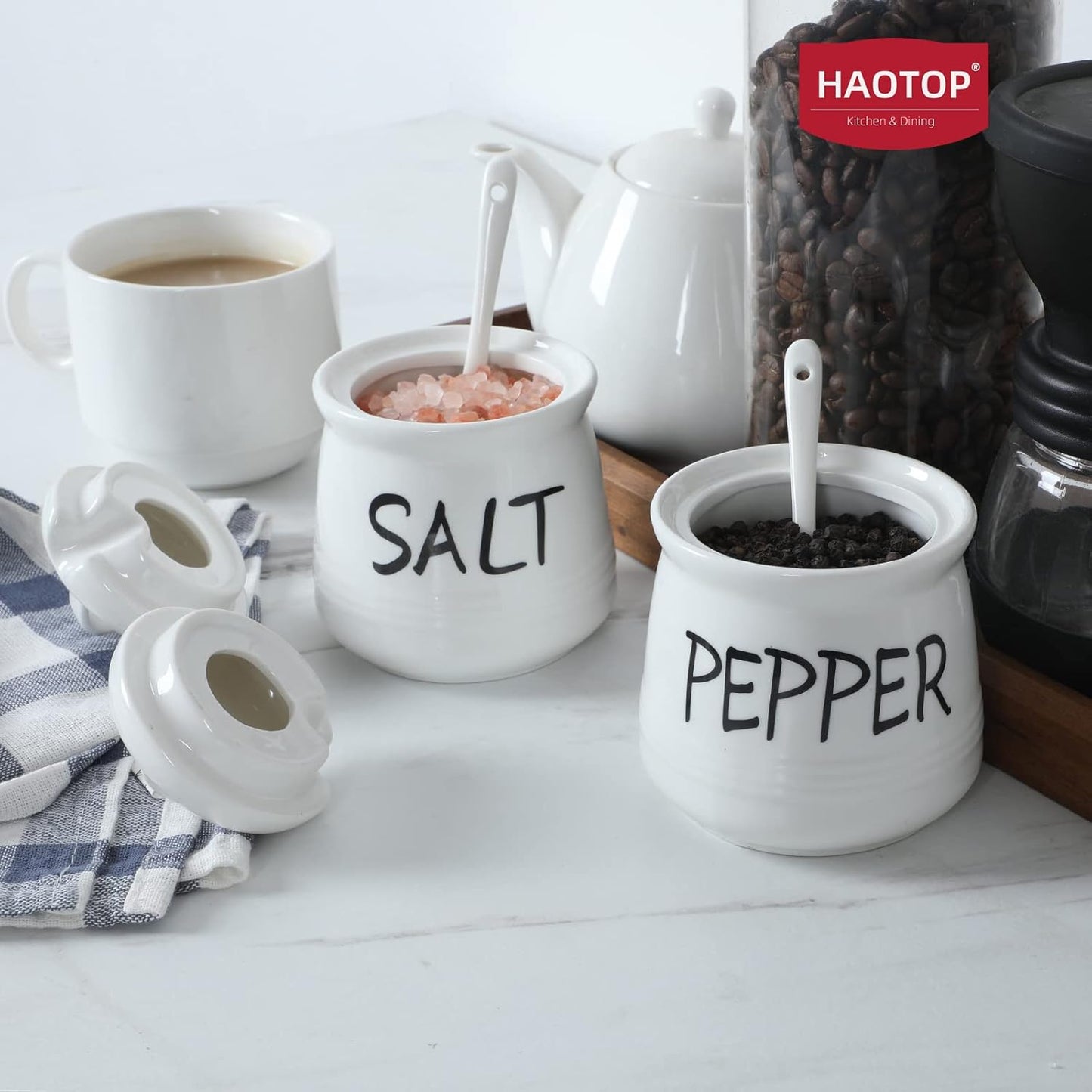 HAOTOP Salt and Pepper Bowls with Lid and Spoon - 12 oz Ceramic Cellar Set, Spice Box for Farmhouse Kitchen Decor
