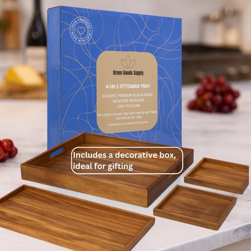 20 inch Large Square Ottoman Tray. 4 Trays in 1. Premium Acacia Wood Serving Tray for Living Room, Ottoman, Kitchen or as a Coffee Table Tray. Serving Tray for Breakfast in Bed, Appetizers or Parties