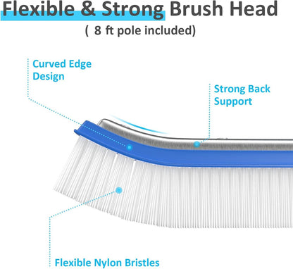 4ft 8ft 18" Swimming Pool Brush with Pole, - Pool Brush Head for Above Ground, Inground Pools, Cleaning Scrubber Tools