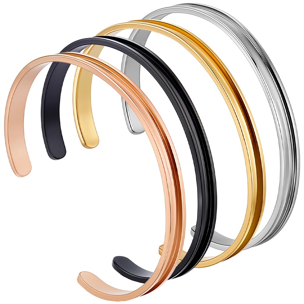SUNNYCLUE 1 Box 4pcs Stainless Steel Bangle Bracelet Bangle Cuff Blanks Silver Black Rose Gold Groove Open Cuff Gemstones Empty Blank Bracelets for Jewelry Making Women Christmas Inlay Laser Engraving