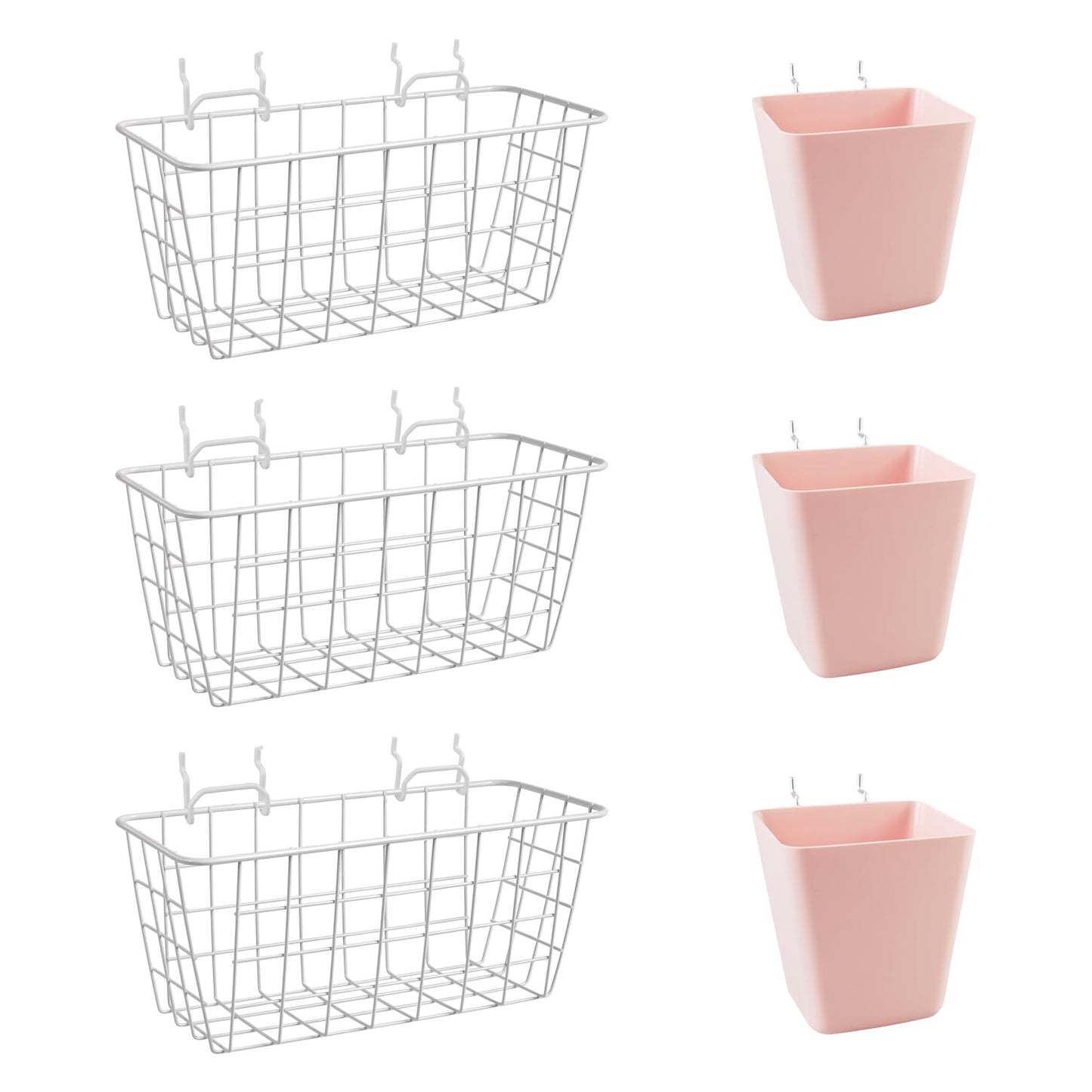 Pegboard Basket Organizers, Peg Board Large Baskets Hooks Bins Cups Tool Organizer 6 Pack Set, Wall Storage Display Hanging Accessories for Craft Office Stadio Shed Garage Organization (White & Pink)