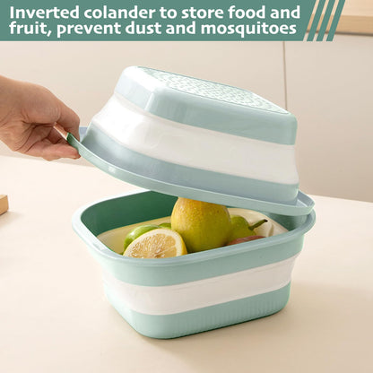 Monbalcon Collapsible Colander and Sink Basin Set - 2 in 1 Collapsible Colander Strainer with Collapsible Wash Basin for Kitchen, RV Camping, Foldable Fruit Vegetable Washing Basket, 8 QT, Blue