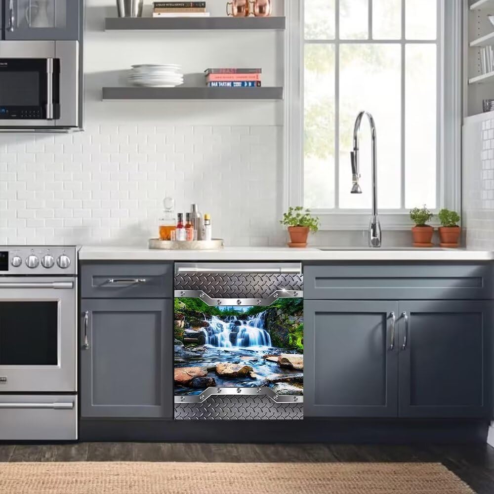 Stainless Steel Style Dishwasher Magnet Cover, Landscape Pattern Refrigerator Door Vinyl Decal, 23" x 26"