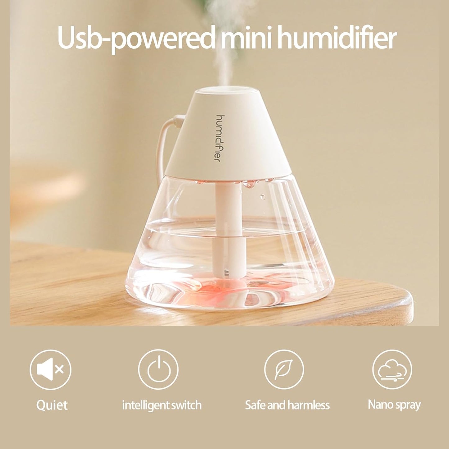 INVODA Mini Humidifiers, 260ml USB Personal Cool Mist Humidifier, Cute Volcanoes Desktop Air Humidifier with Night Light