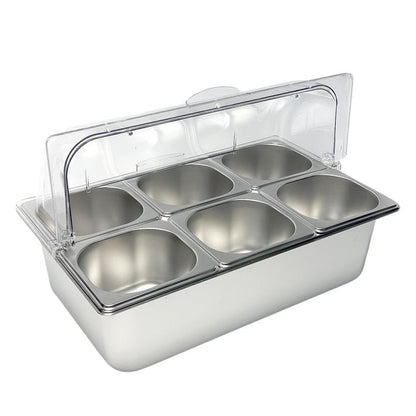 YPCDTL01 6-Pan Countertop Food Serving Display Container - Cold Buffet Table Serving Station for Salad Dressing, Appetizers, Spices & Fruit -Stainless Steel Food Serving Tray Ideal for Buffets