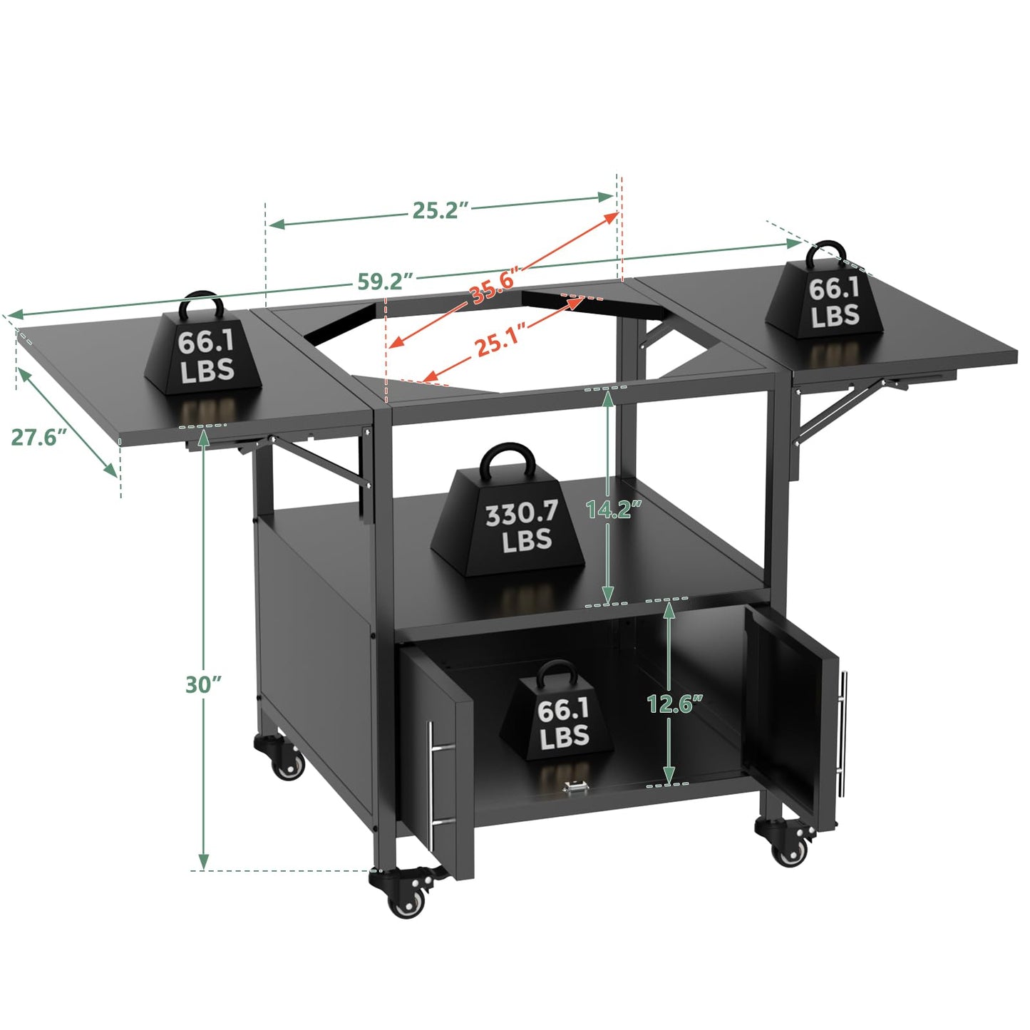 Heavy Duty Outdoor Grill Table for Dual Big Green Eggs, 304 Stainless Steel Prep Station with Storage Cabinet, 4 Swivel Wheels, Foldable Side Shelves, Fits Kamado Joe 18" & Ceramic Grills, M