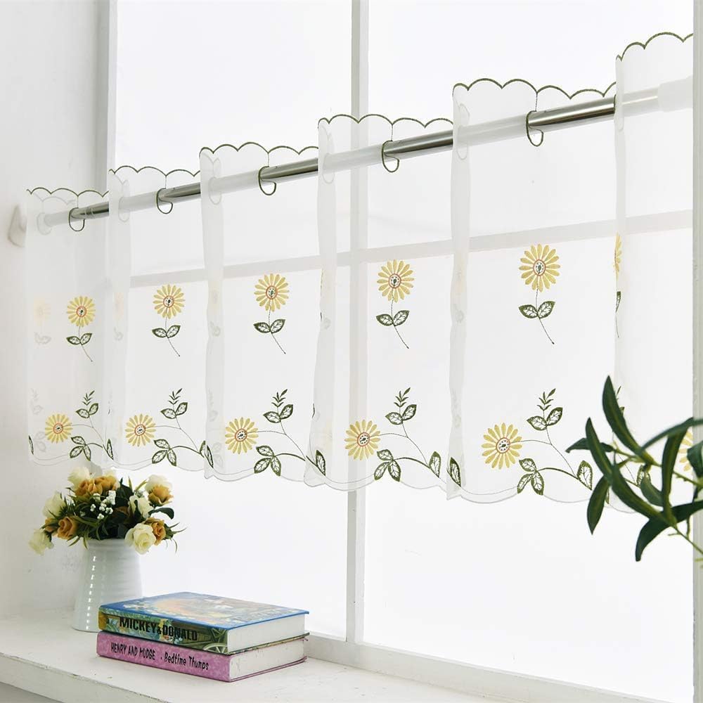 ZHH Sheer Embroidery Valance for Window with Daisy - Short White Kitchen Curtain, 1 Panel, 17x70inch