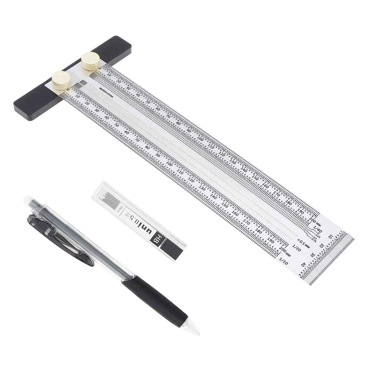 Smgda Precision Marking T-Rule Stainless Steel T Square with Mechanical Pencil & 0.5mm Refill Scribing Line Ruler for Marking or Measuring, for Carpenters, Designers, Architects, Engineers 200mm