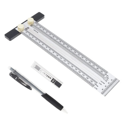 Smgda Precision Marking T-Rule Stainless Steel T Square with Mechanical Pencil & 0.5mm Refill Scribing Line Ruler for Marking or Measuring, for Carpenters, Designers, Architects, Engineers 200mm