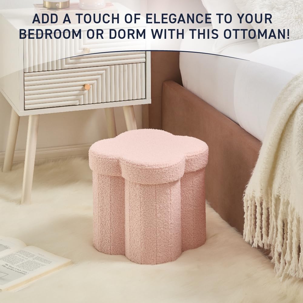 12" Inch Ornavo Home Pink Boucle Storage Ottoman Cube Flower-Shaped Footstool with Hidden Storage, Faux Teddy Fur Foot
