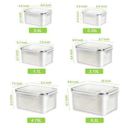 TBMAXS 6 Pack Fruit Storage Containers for Fridge, Produce Saver Vegetable Container with Drain Colanders - Refrigerator Organizer for Lettuce Keepers Berry Container