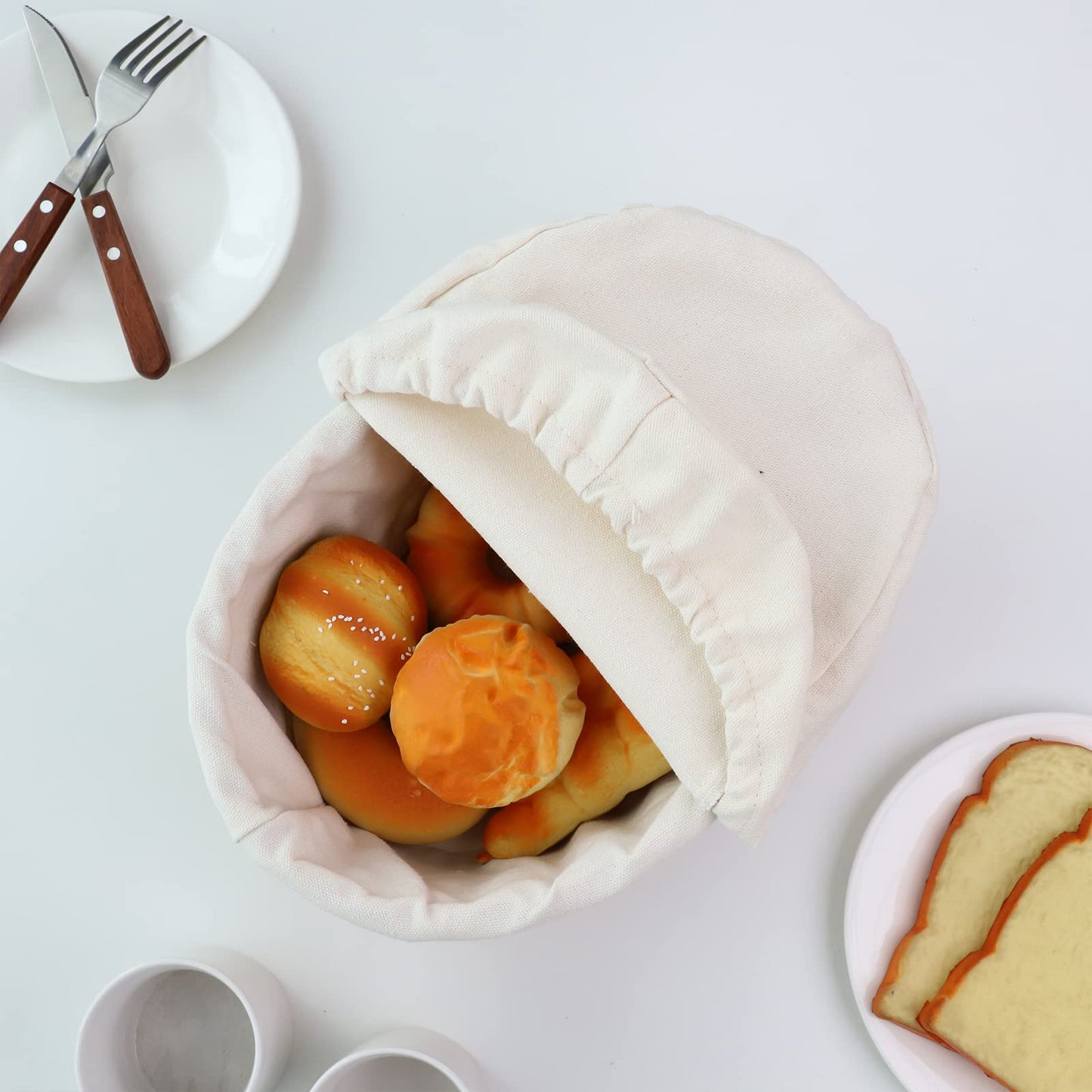 YAHUAN Round Bread Basket Serving Woven Bread Baskets Wicker Basket Sourdough Proofing Basket with Removable Liner and Cover (Wicker)
