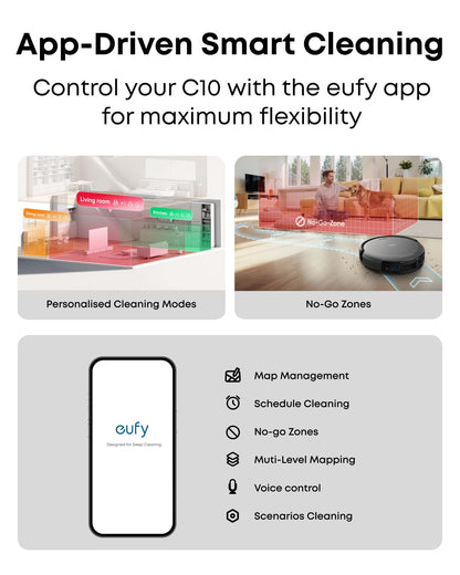 eufy Like-New C10 Robot Vacuum Self Emptying, 8 Weeks Hands Free, Advanced Smart Mapping with LiDAR Navigation, 2.85-Inch Slim Design, Powerful Suction, Edge Expansion Brush for Pet Hair（Renewed）
