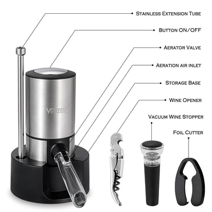 VENZELL Electric Wine Aerator and Pourer - Smart One-Button Wine Decanter with Automatic Vacuum Stopper and Dispenser