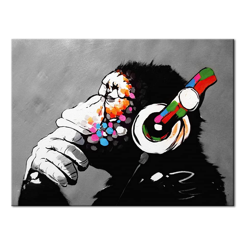 Wieco Art Black Framed Monkey With Headphones Banksy Graffiti Art Abstract Canvas Paintings Prints Animal Canvas Wall Art for Wall Decor and Home decorations Office Decor