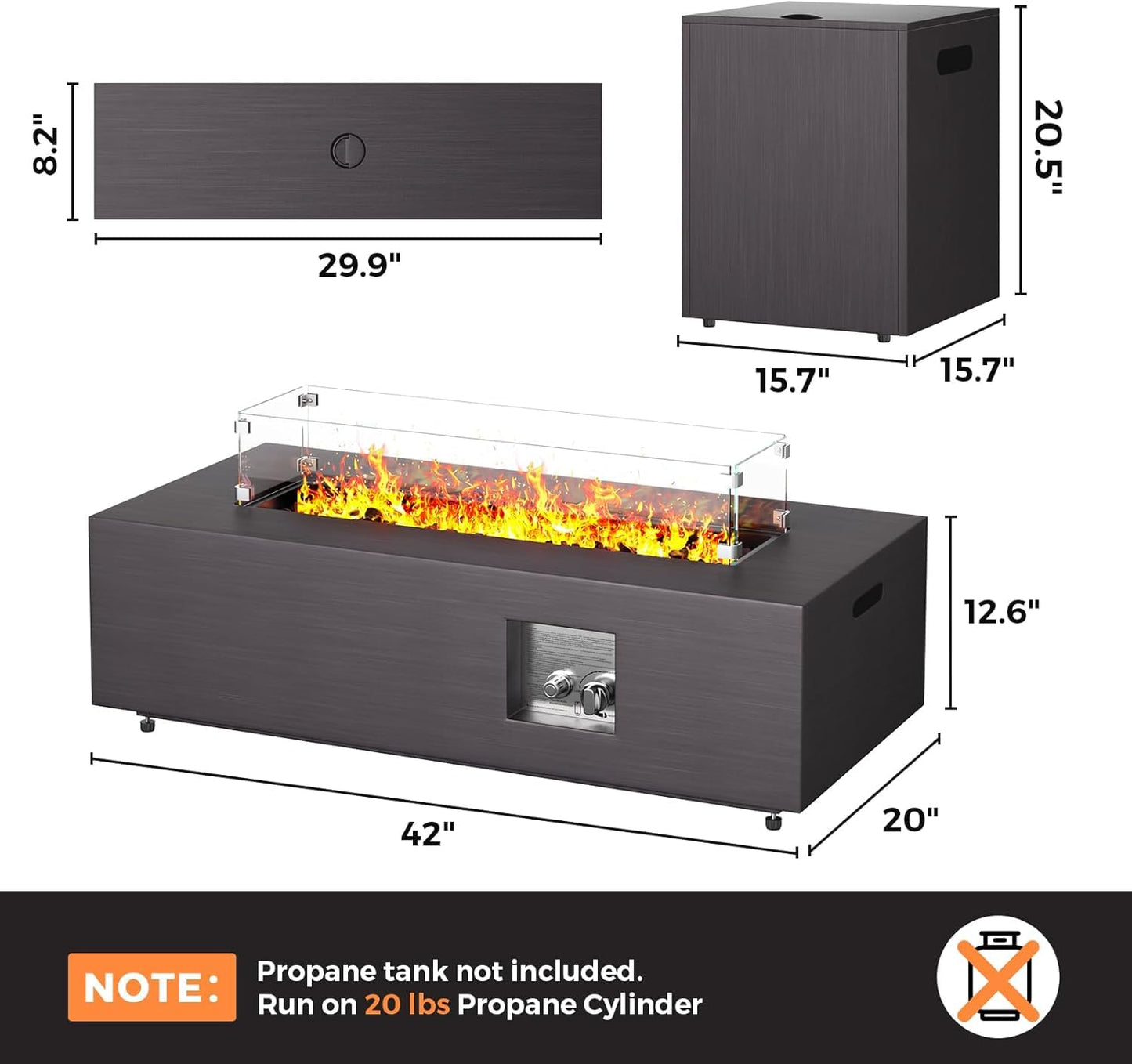 Jocoevol 42in Fire Pit Table Propane Fire Pit 2 Piece Rectangular Gas Fire Pits 50,000 BTU with Wind Guard Propane Tank Cover Table Lava Rocks for Outdoor Outside Patio