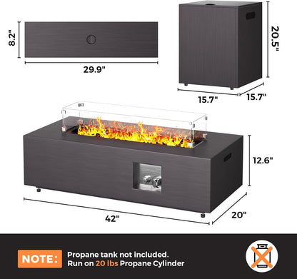 Jocoevol 42in Fire Pit Table Propane Fire Pit 2 Piece Rectangular Gas Fire Pits 50,000 BTU with Wind Guard Propane Tank Cover Table Lava Rocks for Outdoor Outside Patio