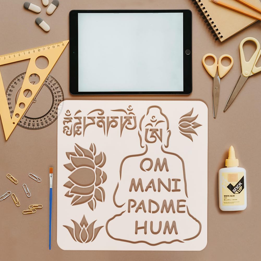 FINGERINSPIRE 9 Pcs Religious Pattern Stencils with a Brush 11.8x11.8Inch Buddha Painting Stencils Yoga Pattern Template PET Mandala Lotus Flower Template for Wood Wall Floor Tiles Furniture