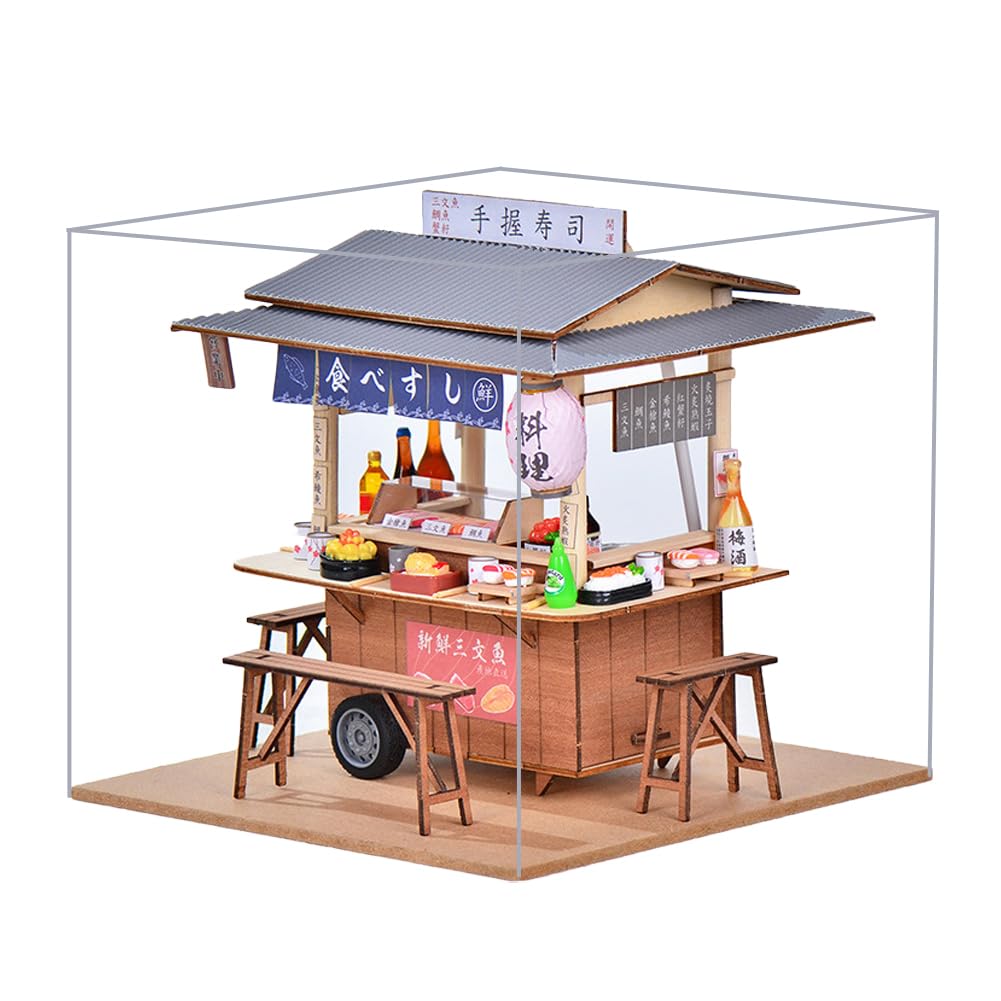 DIY Japanese Sushi Restaurant Food Truck Architectural Model Miniature Dollhouse Kit 3D Wooden Puzzle Mini Dollhouse with LED Lights and Dust Cover for Friends and Family
