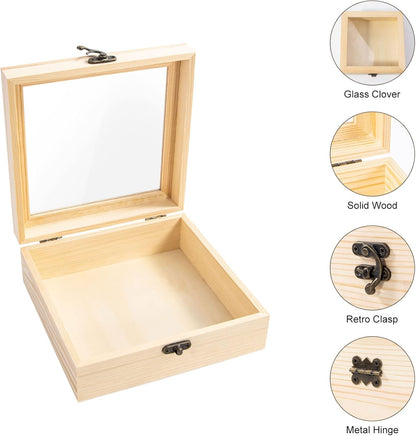 Unfinished Wooden Display Box with Glass Top, Small Hinged Lid Keepsake Storage Box for Jewelry and Home Decorations