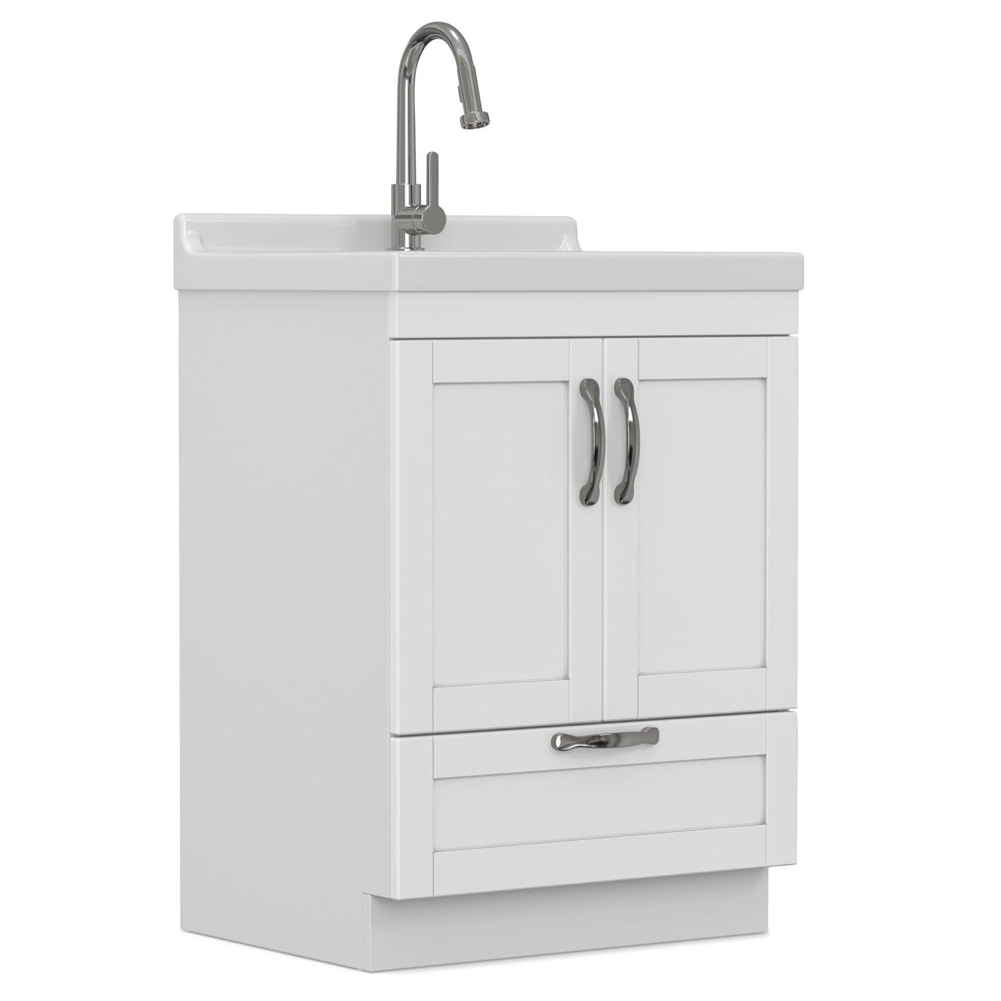 SIMPLIHOME Maile All-in-One 24 inch Wide Utility Sink and Laundry Cabinet in Pure White Finish, Transitional ABS Sink Cabinet for Laundry Rooms or Garage with High-Arch Chrome Faucet and Storage