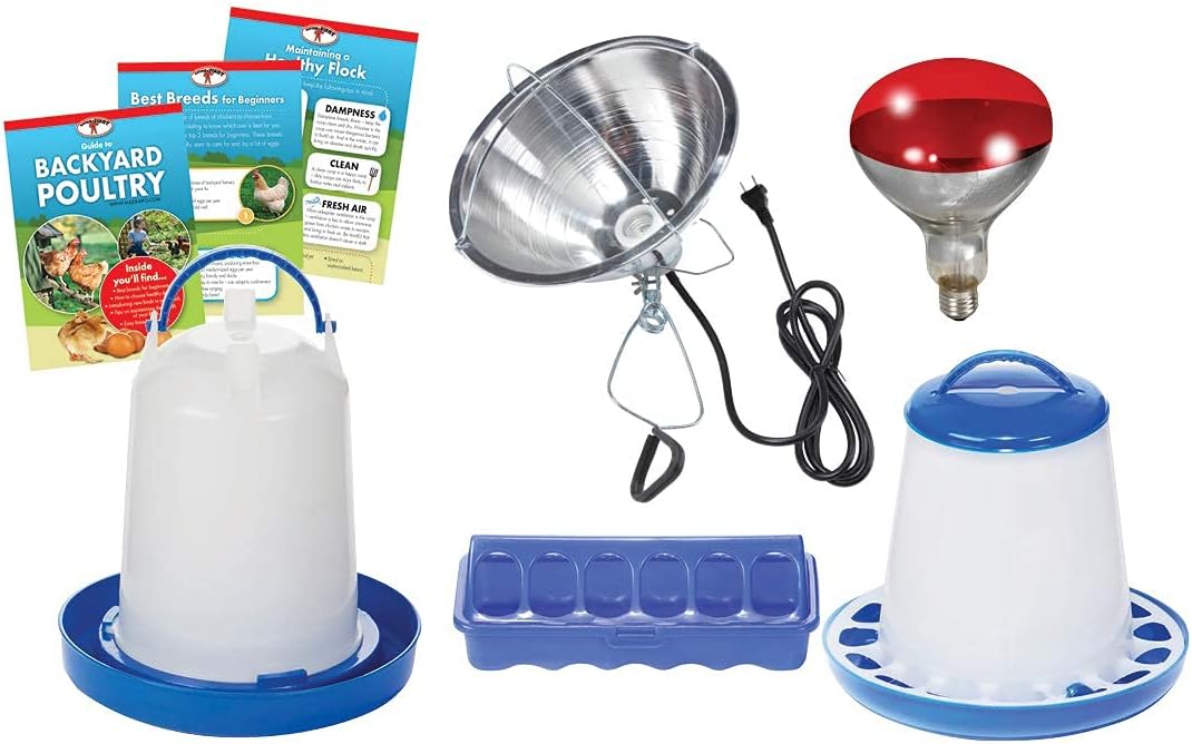 Bulb, Double-Tuf Chicken and Poultry Starter Kit | Heat Lamp, Light Feeders, Waterer, and Guide Book for Backyard