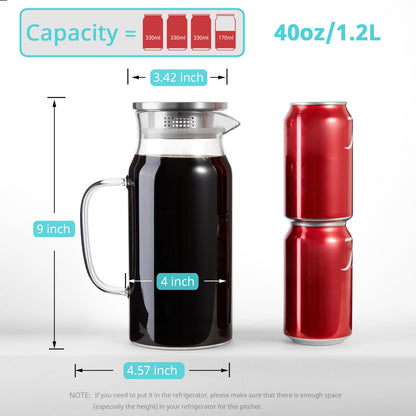 Bivvclaz 1.2 Liter 40 oz Small Glass Pitcher with Lid and Handle, Glass Carafe for Hot/Cold Water, Iced Tea Jug for Coffee, Juice and Homemade Beverage