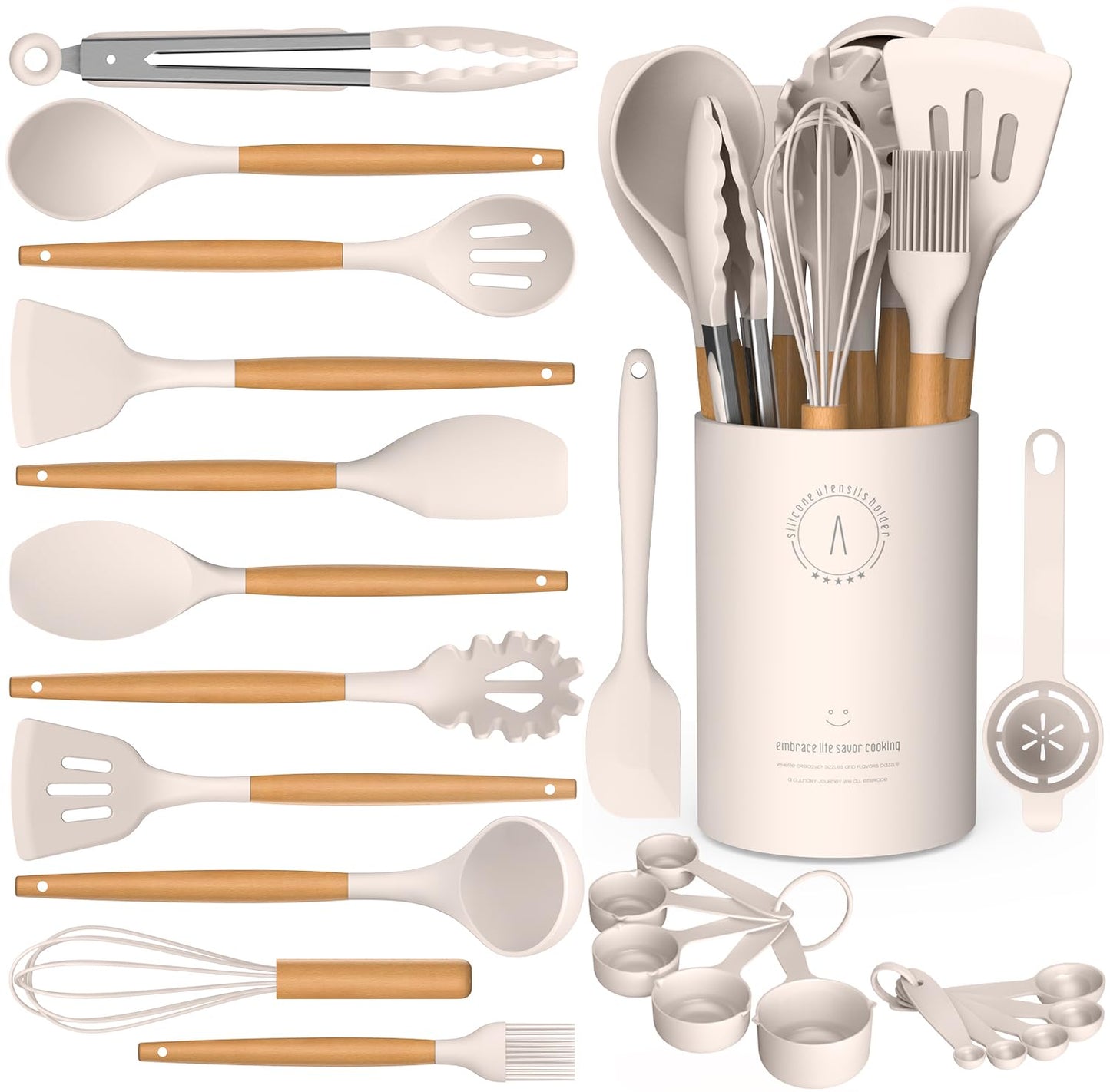 Silicone Cooking Utensils Set - AVGPD Silicone Kitchen Utensils for Cooking Wooden Handles, 446°F Heat Resistant Kitchen Utensil Spatula Sets w Holder, Gadgets for Non-Stick Cookware BPA FREE (Khaki)